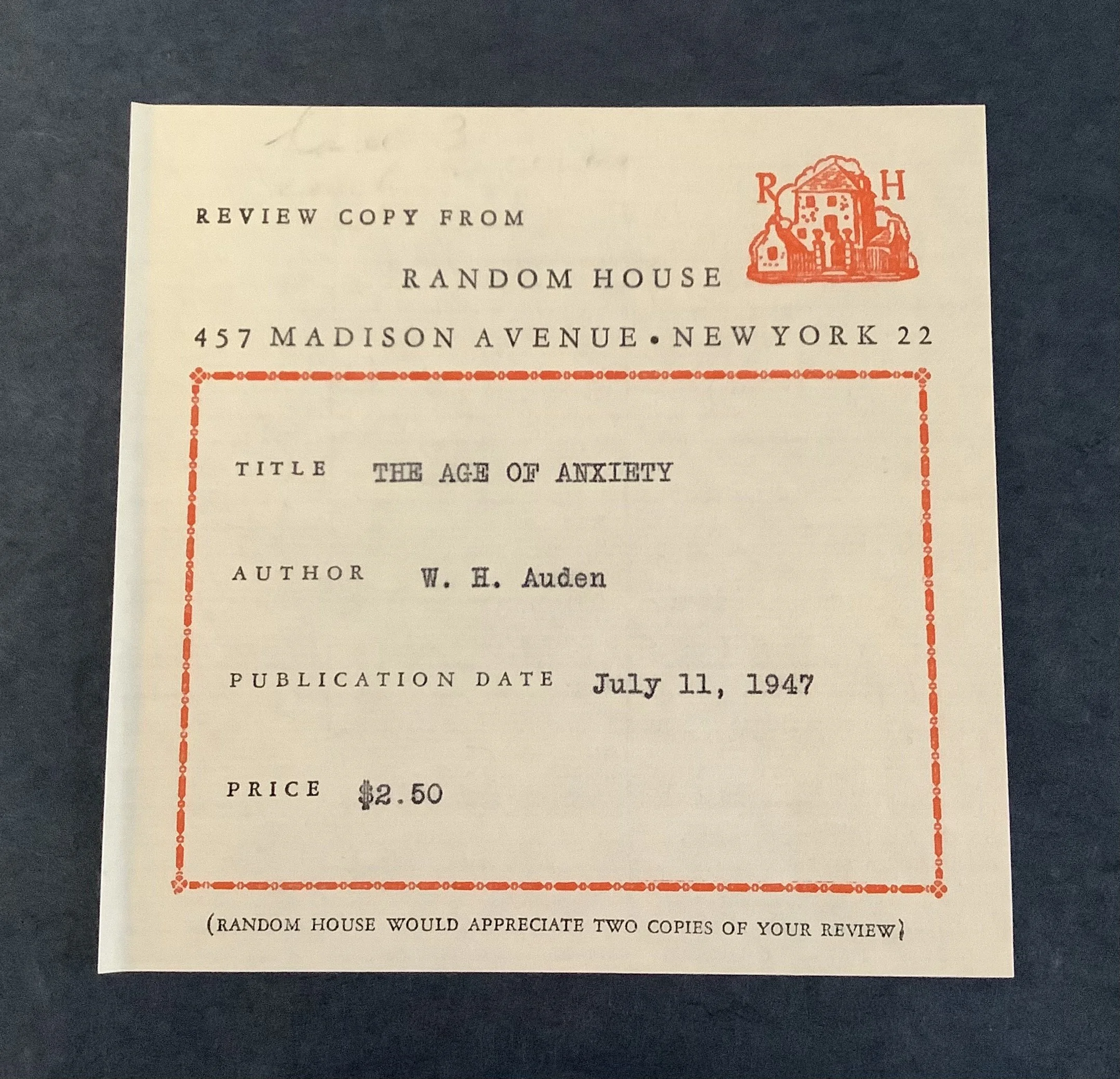Auden, W[ystan] H[ugh]. . THE AGE OF ANXIETY: A Baroque Eclogue